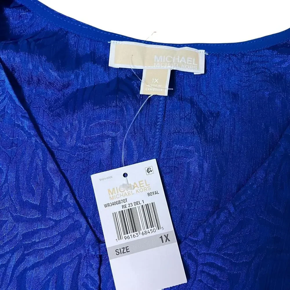 Michael Kors Top‎ 1X Blue Animal Print Tunic Jacquard Handkerchief Hem